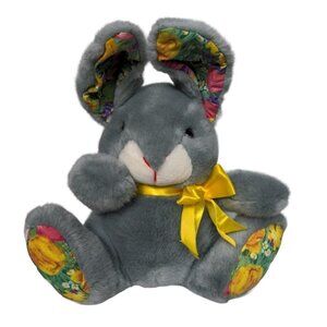 ACMI Gray Easter Bunny Rabbit Floral Feet Yellow Bow Plush Stuffed Animal 12.5"